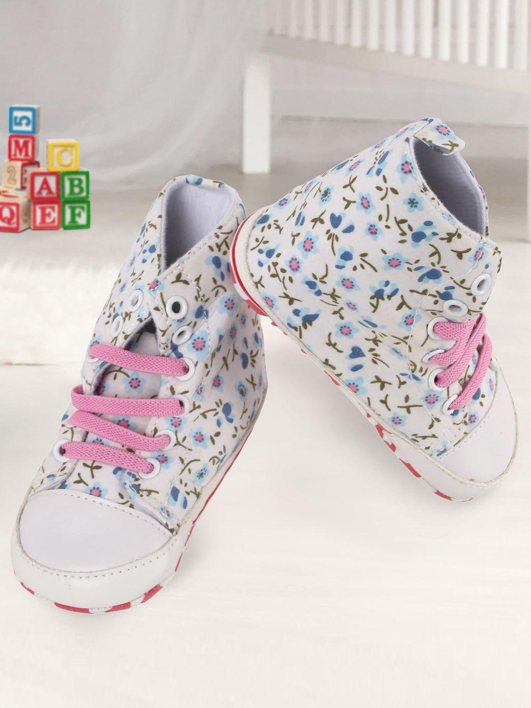 baby moo girls white & pink floral printed high top booties