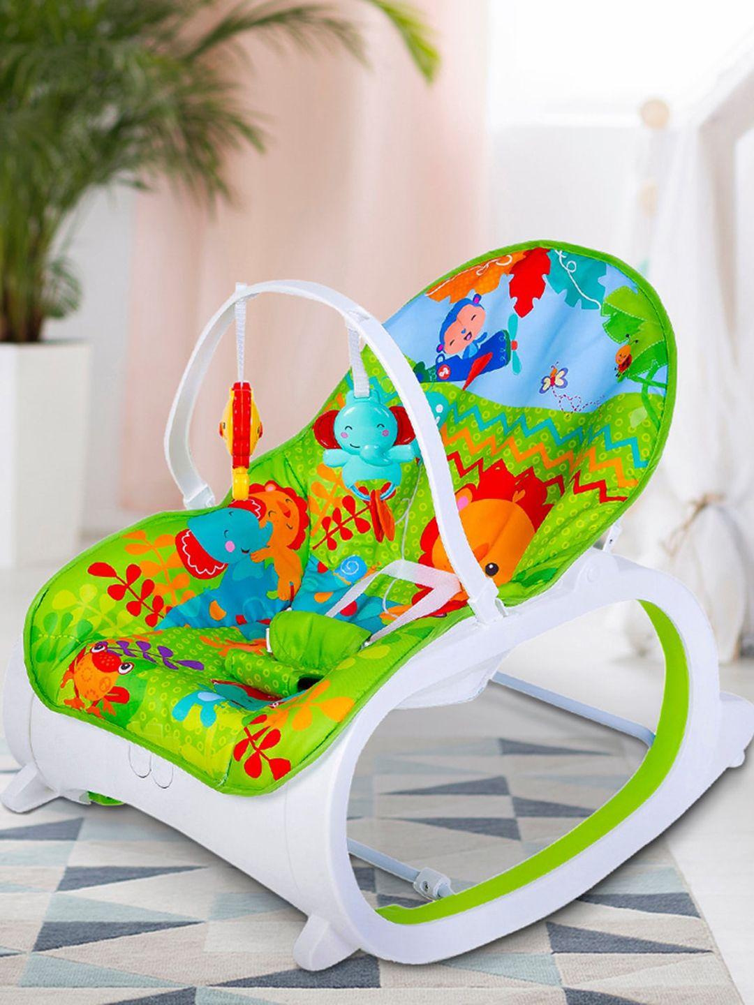baby moo green baby rocker with hanging toys