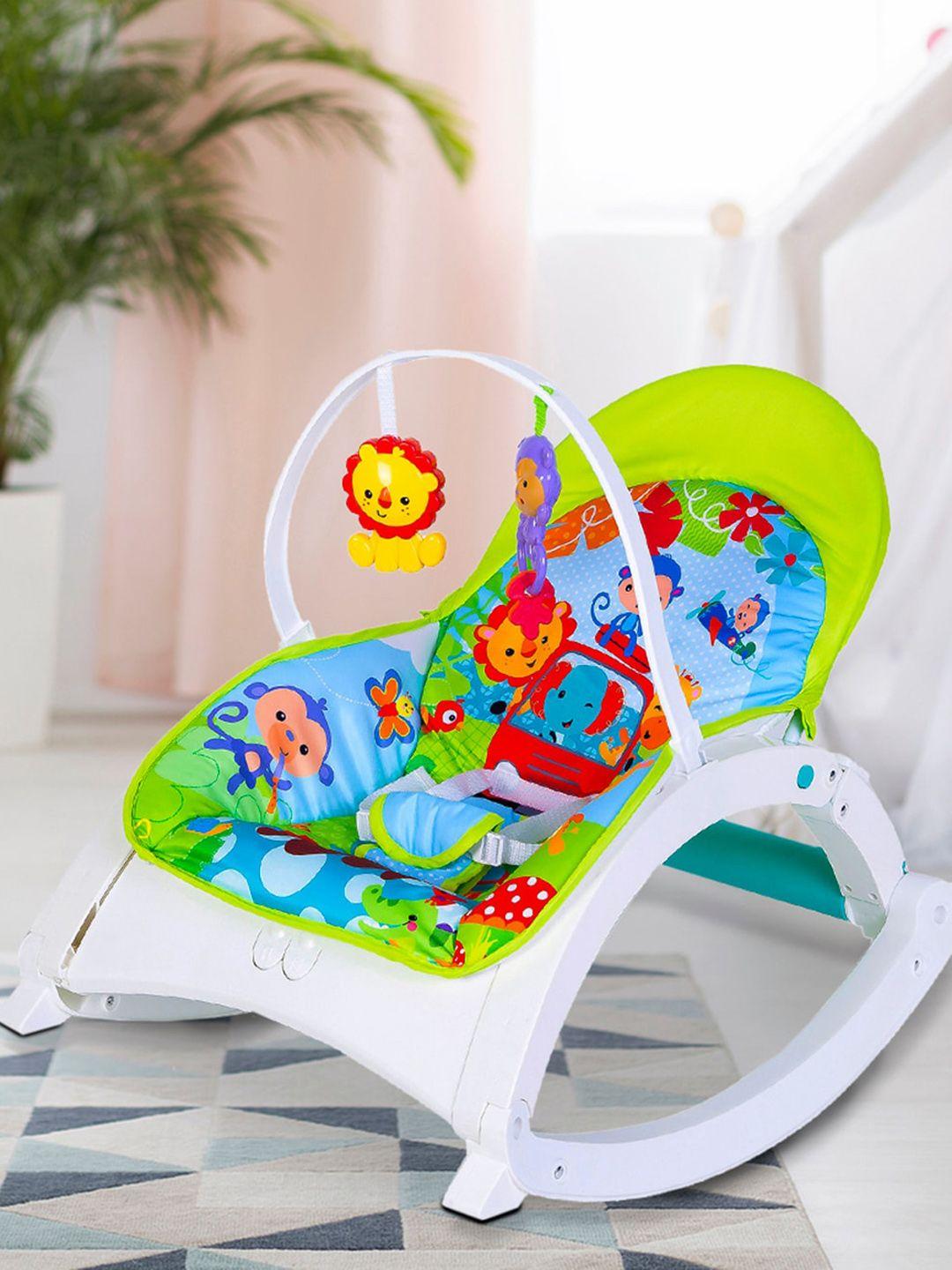 baby moo green portable bouncer with hanging toys