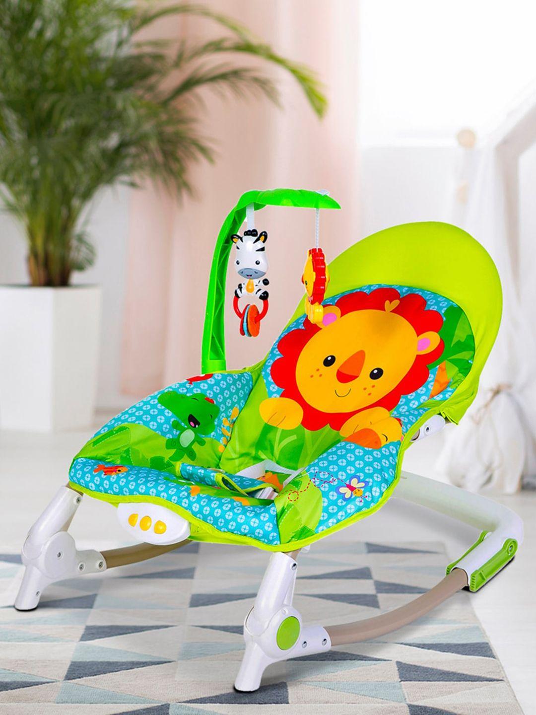 baby moo green portable rocker with hanging toys