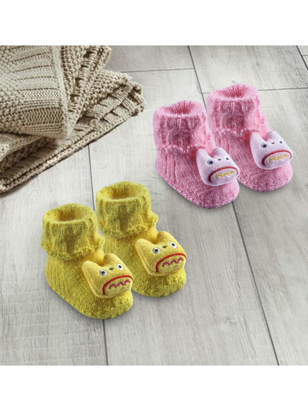 baby moo infant girls pack of 2 yellow & pink solid crochet socks organic cotton booties