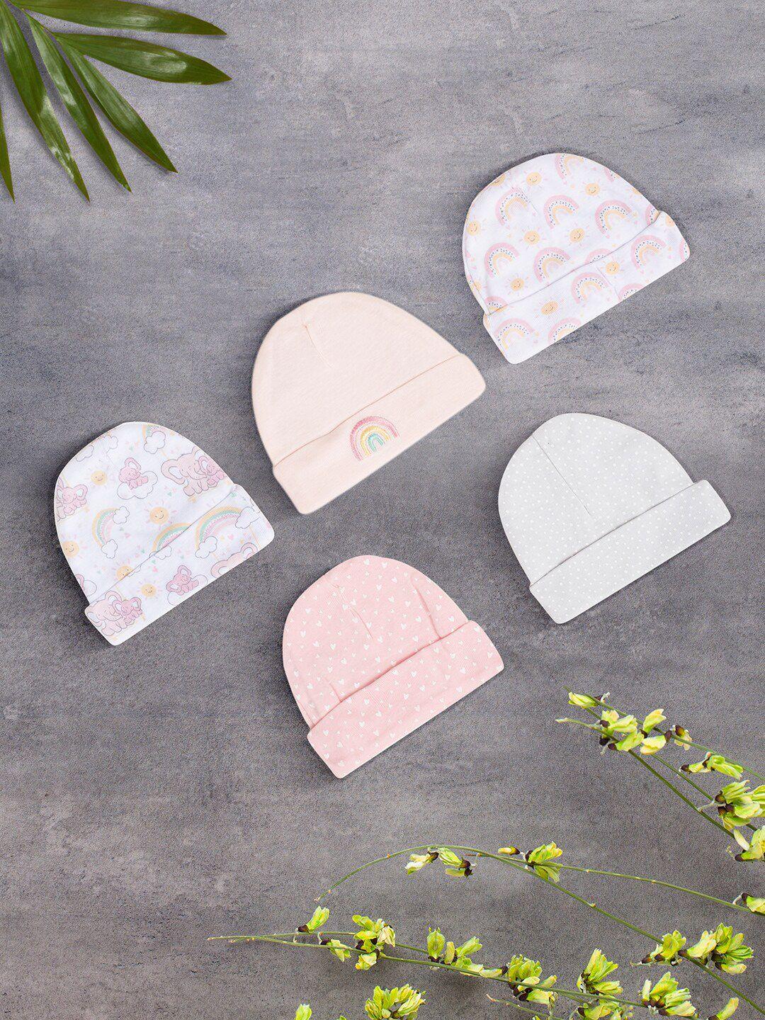 baby moo infant girls pack of 5 printed pure cotton beanie