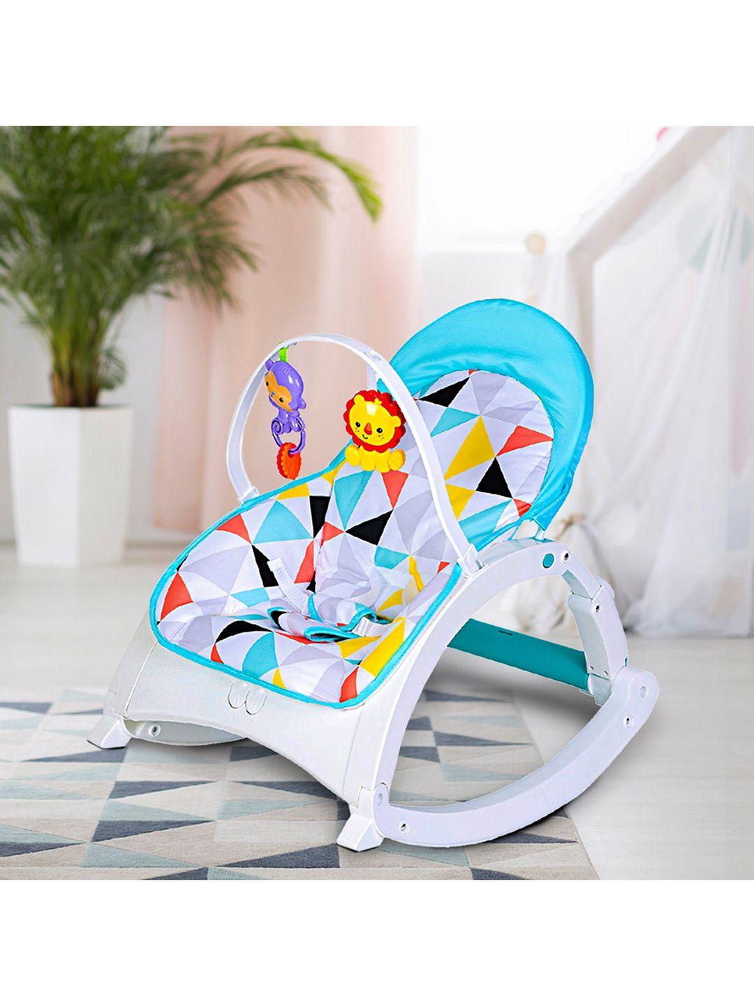 baby moo infants blue & white abstract print portable bouncer with hanging toys