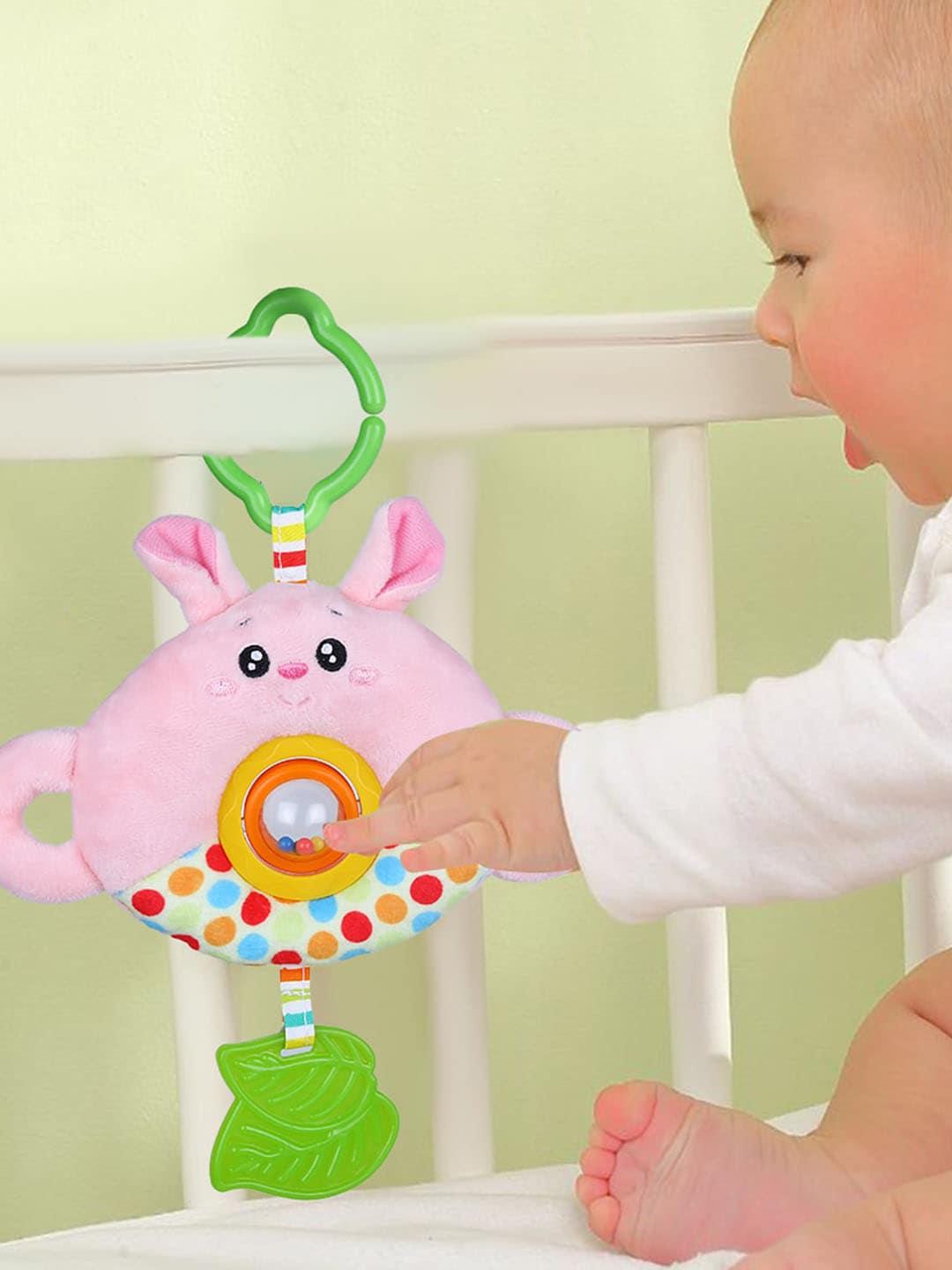 baby moo infants bunny stroller crib hanging plush rattle toy with teether