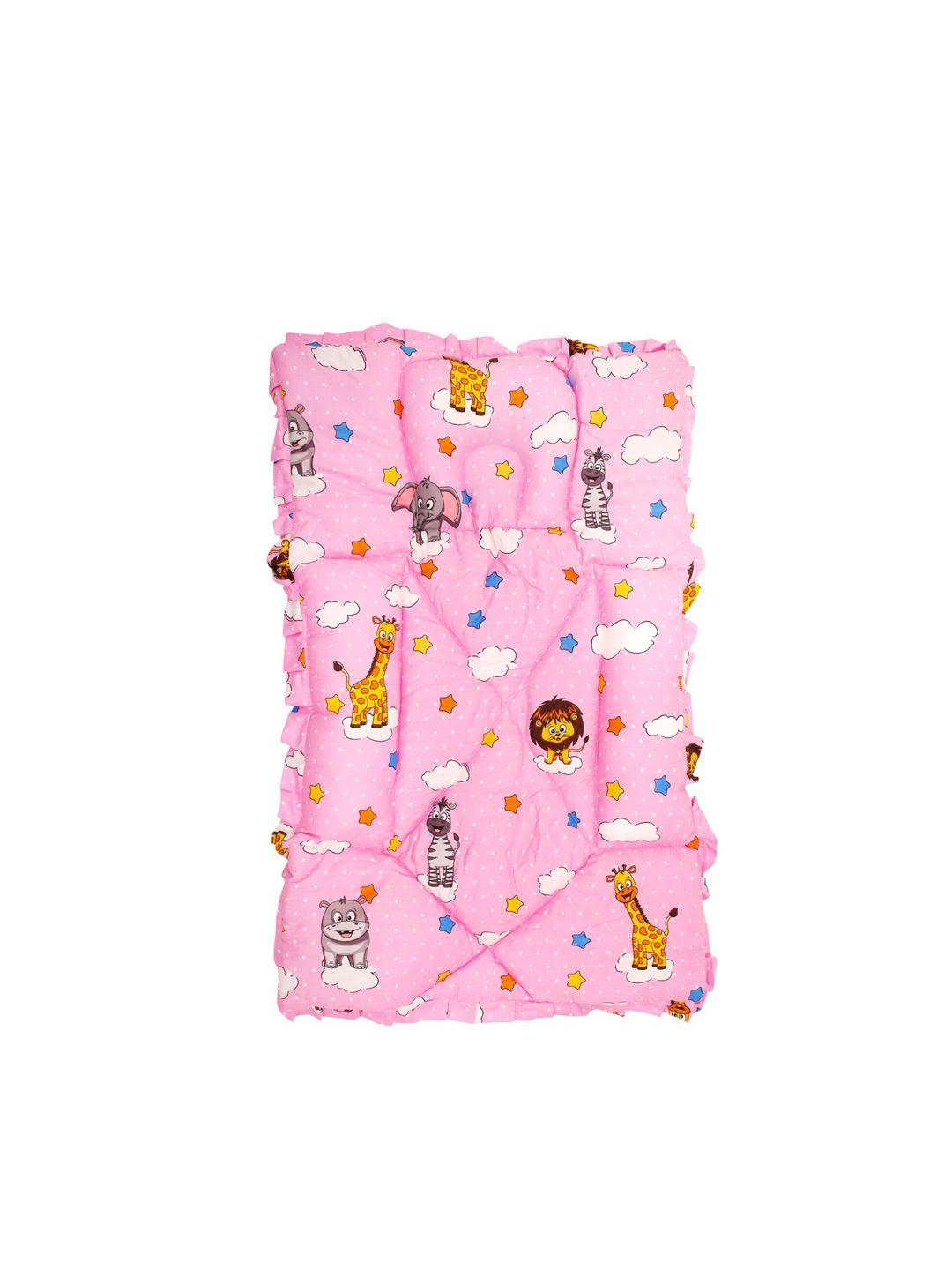 baby moo infants pink printed mattress with fixed neck pillow & bolsters
