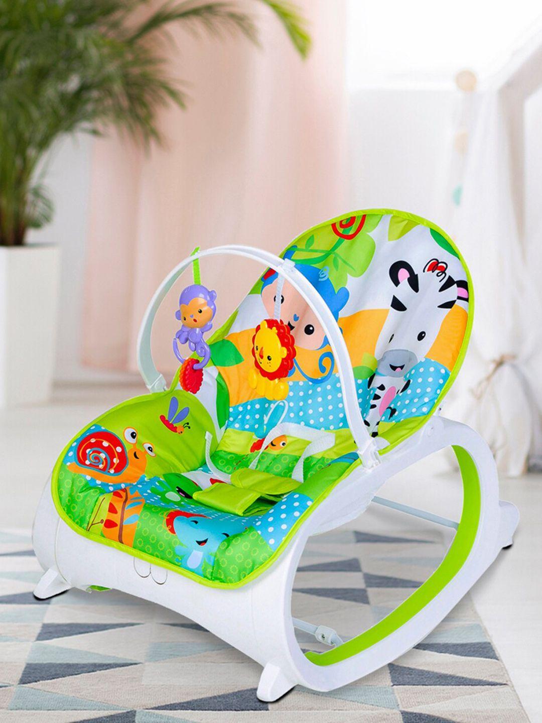 baby moo kids green & blue printed bouncer with hanging toys