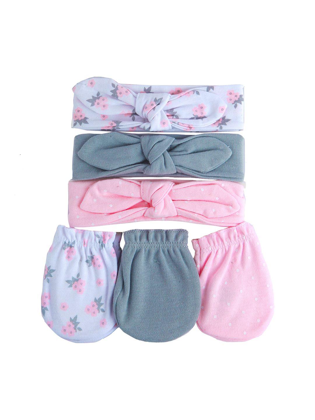 baby moo kids pink & grey pack of 3 organic cotton mittens & hairbands