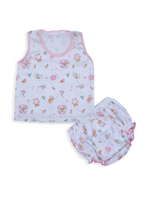 baby moo kids pink & off-white cotton printed vest set