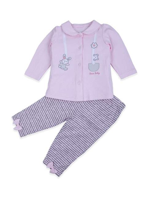 baby moo kids pink & purple cotton embroidered full sleeves shirt set