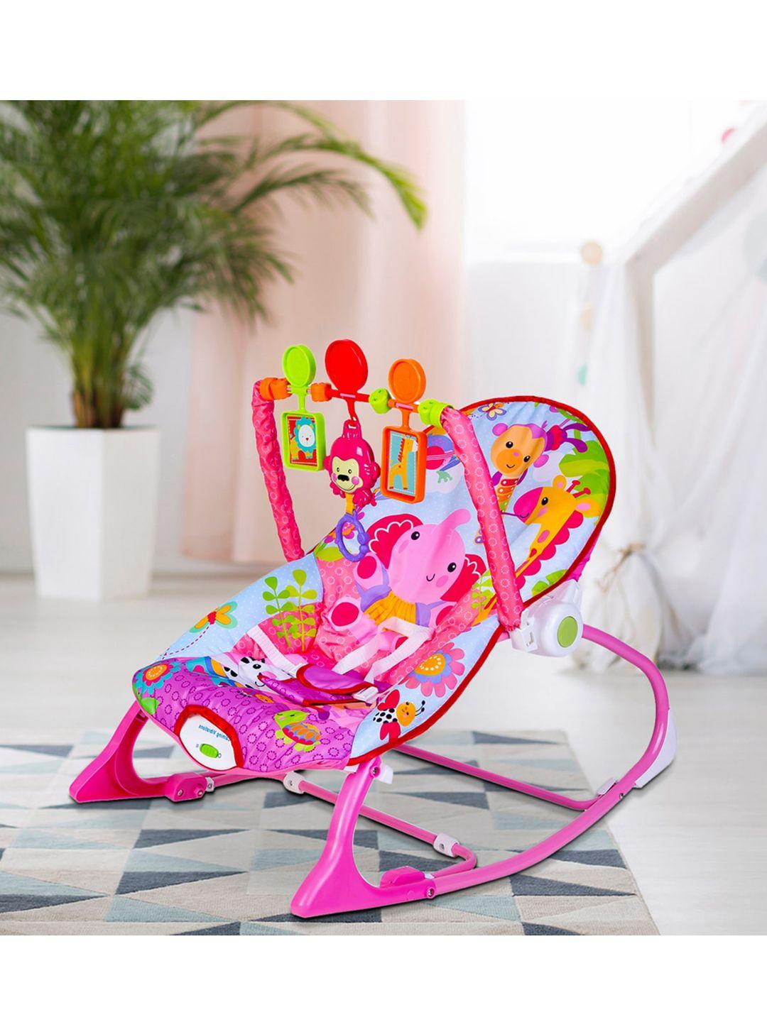 baby moo kids pink & red printed bouncer with hanging toys