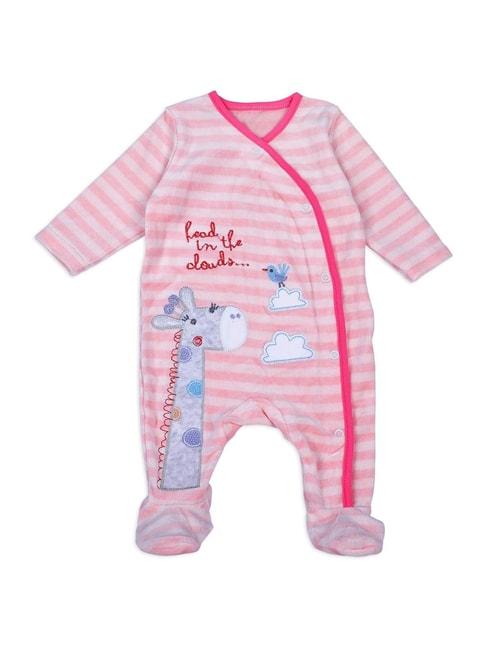 baby moo kids pink & white cotton applique full sleeves romper