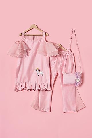 baby pink chanderi silk unicorn hand embroidered kurta set for girls