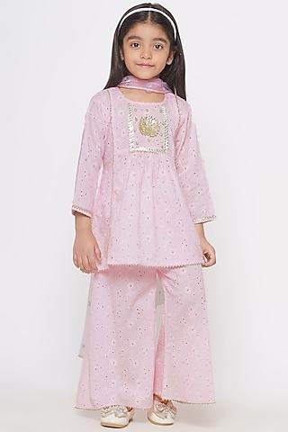 baby pink cotton embroidered chikankari kurta set for girls