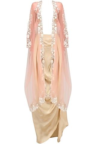 baby pink floral embroidered cape and gold drape skirt set