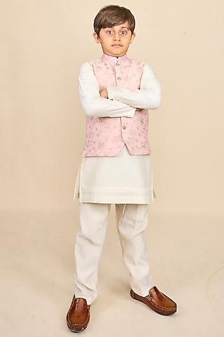 baby pink handloom silk chanderi zari embroidered nehru jacket set for boys