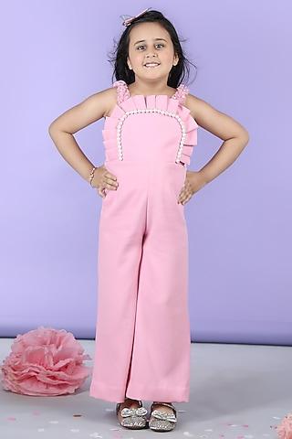 baby pink imported crepe pearl embellished jumpsuit for girls
