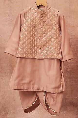 baby pink maheshwari silk embroidered bundi jacket with kurta set for boys