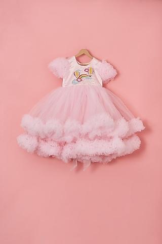 baby pink net & satin beads embroidered dress for girls