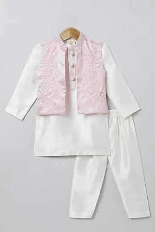 baby pink raw silk hand embroidered jacket set for boys