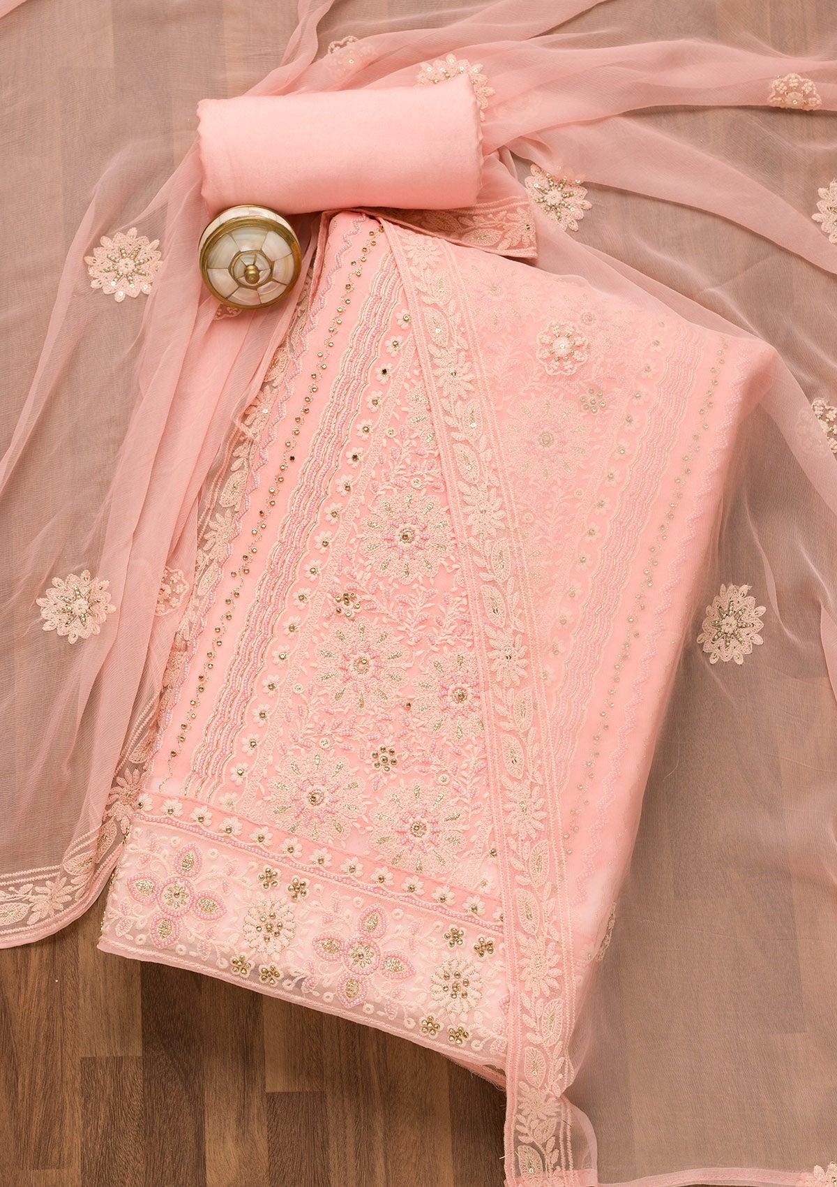 baby pink threadwork georgette unstitched salwar suit