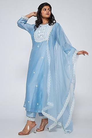 baby blue chanderi embroidered kurta set