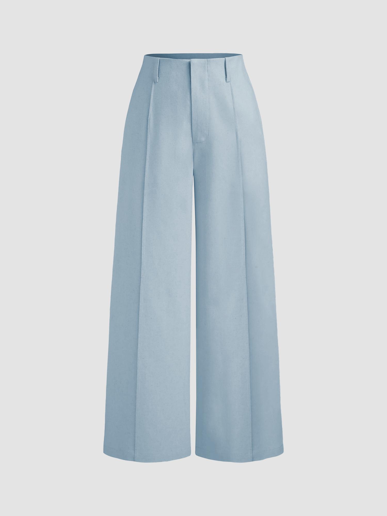 baby blue french riviera vacation linen blend high rise solid pocket wide leg trouser