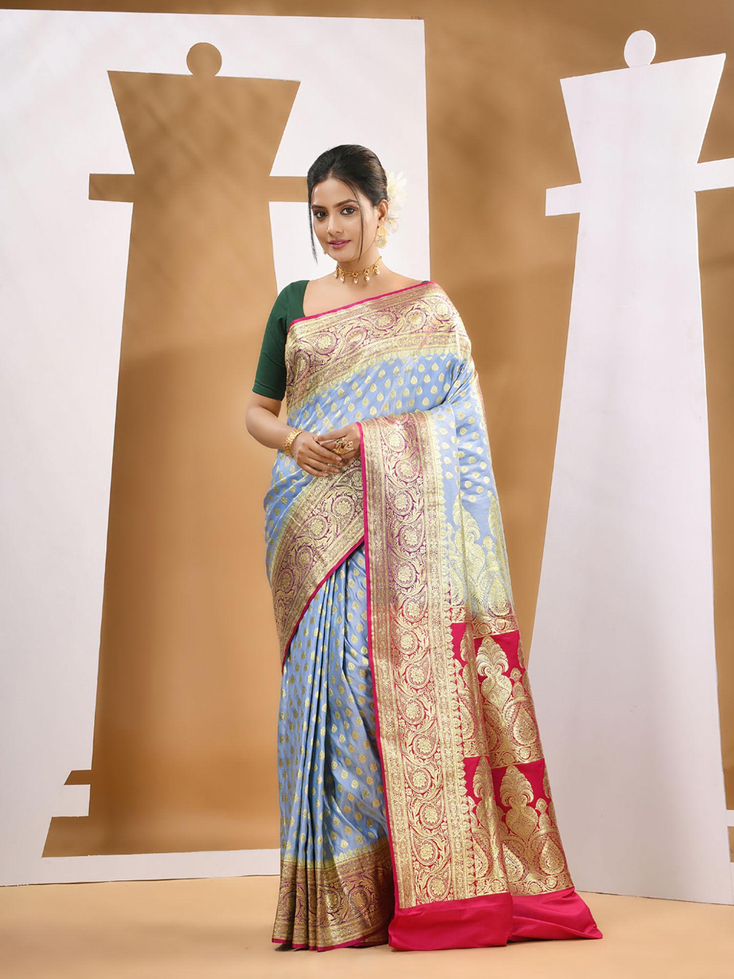 baby blue katan silk banarasi saree with unstitched blouse