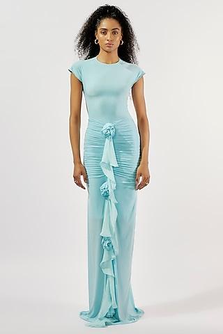 baby blue malai lycra & chiffon ruched gown