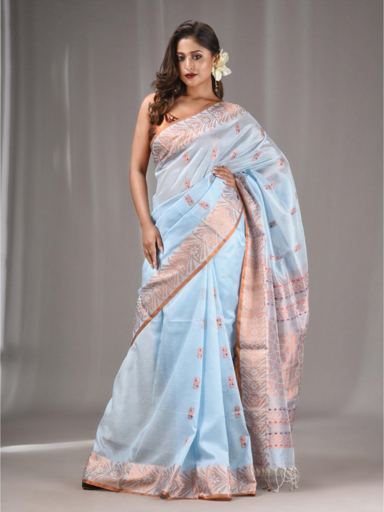 baby blue silk matka handwoven saree with texture border with unstitched blouse