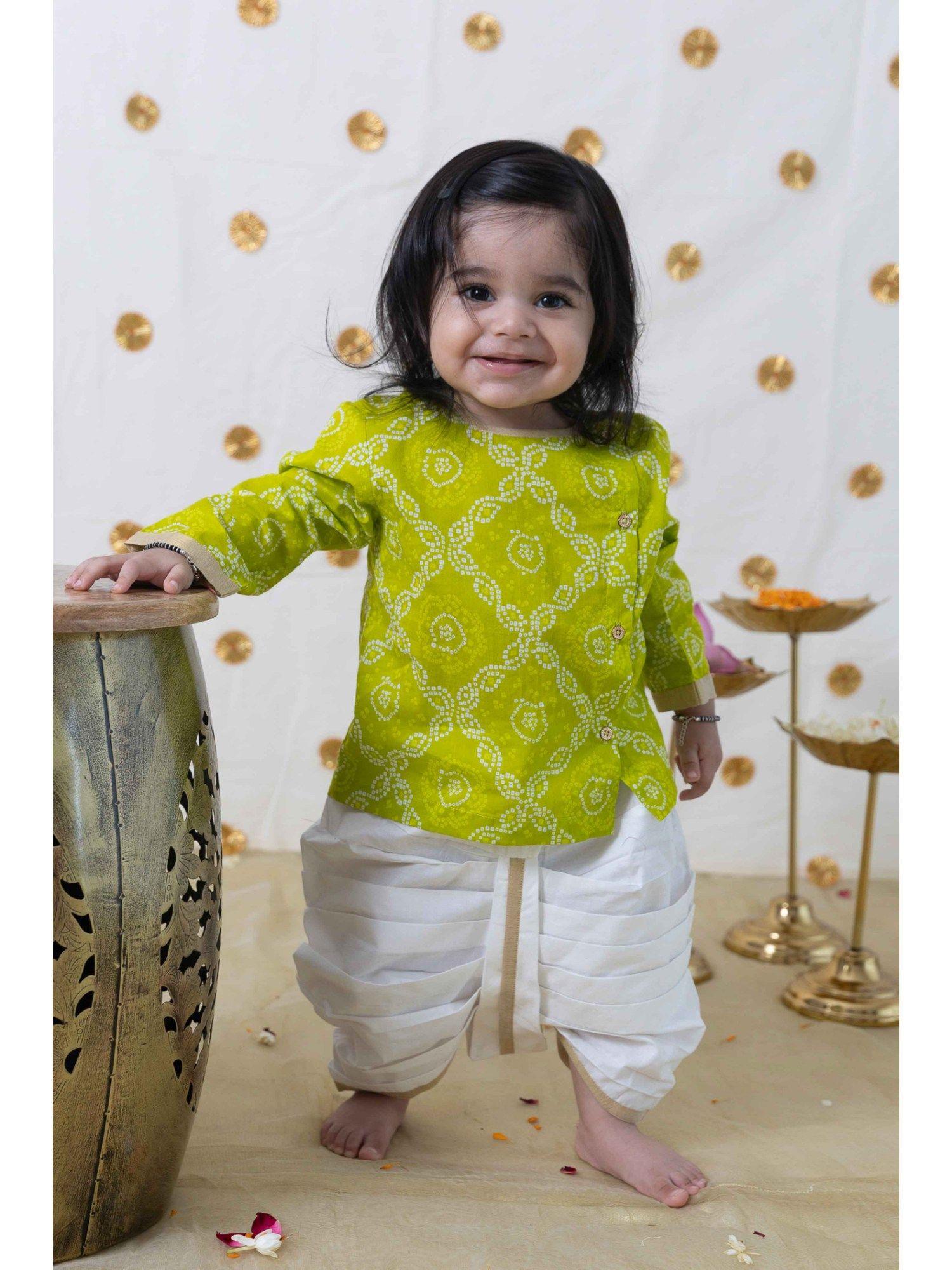 baby boy bandhani print cotton dhoti kurta - green (set of 2)