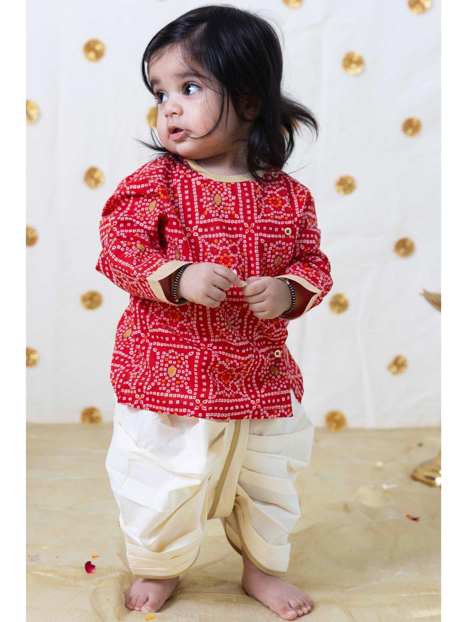 baby boy bandhani print cotton dhoti kurta - red (set of 2)
