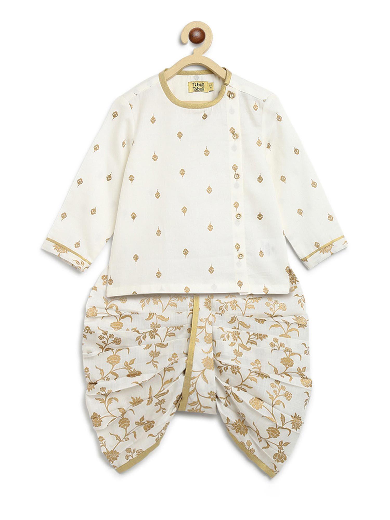 baby boy dhoti kurta premium cotton print gold - white (set of 2)