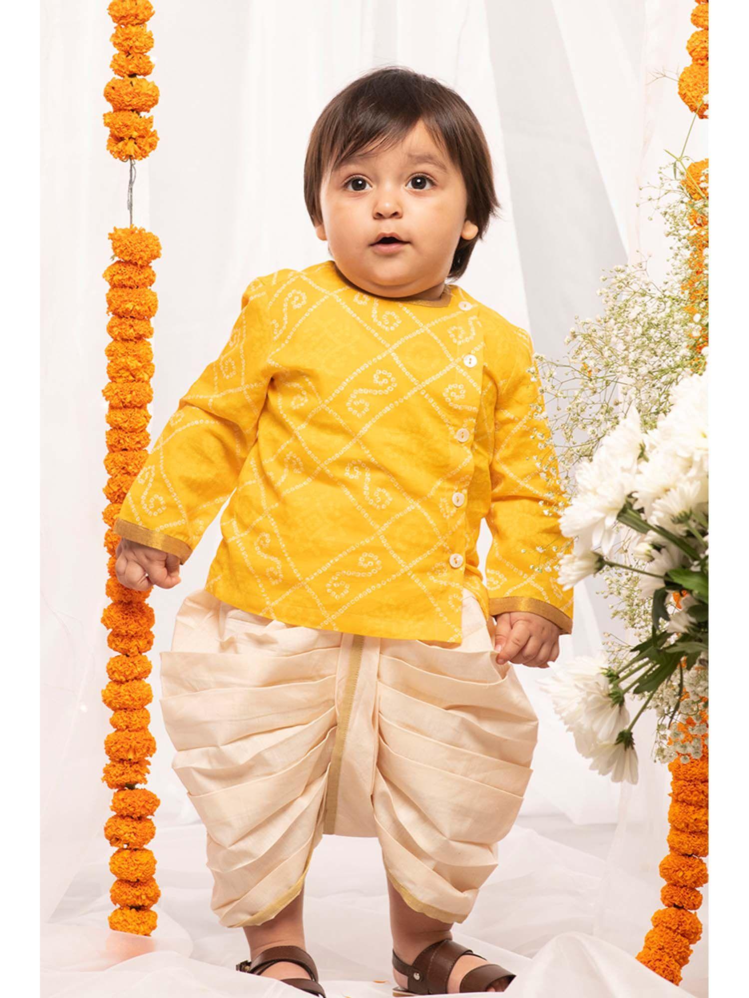 baby boy dhoti printed bandhani - yellow (set of 1)