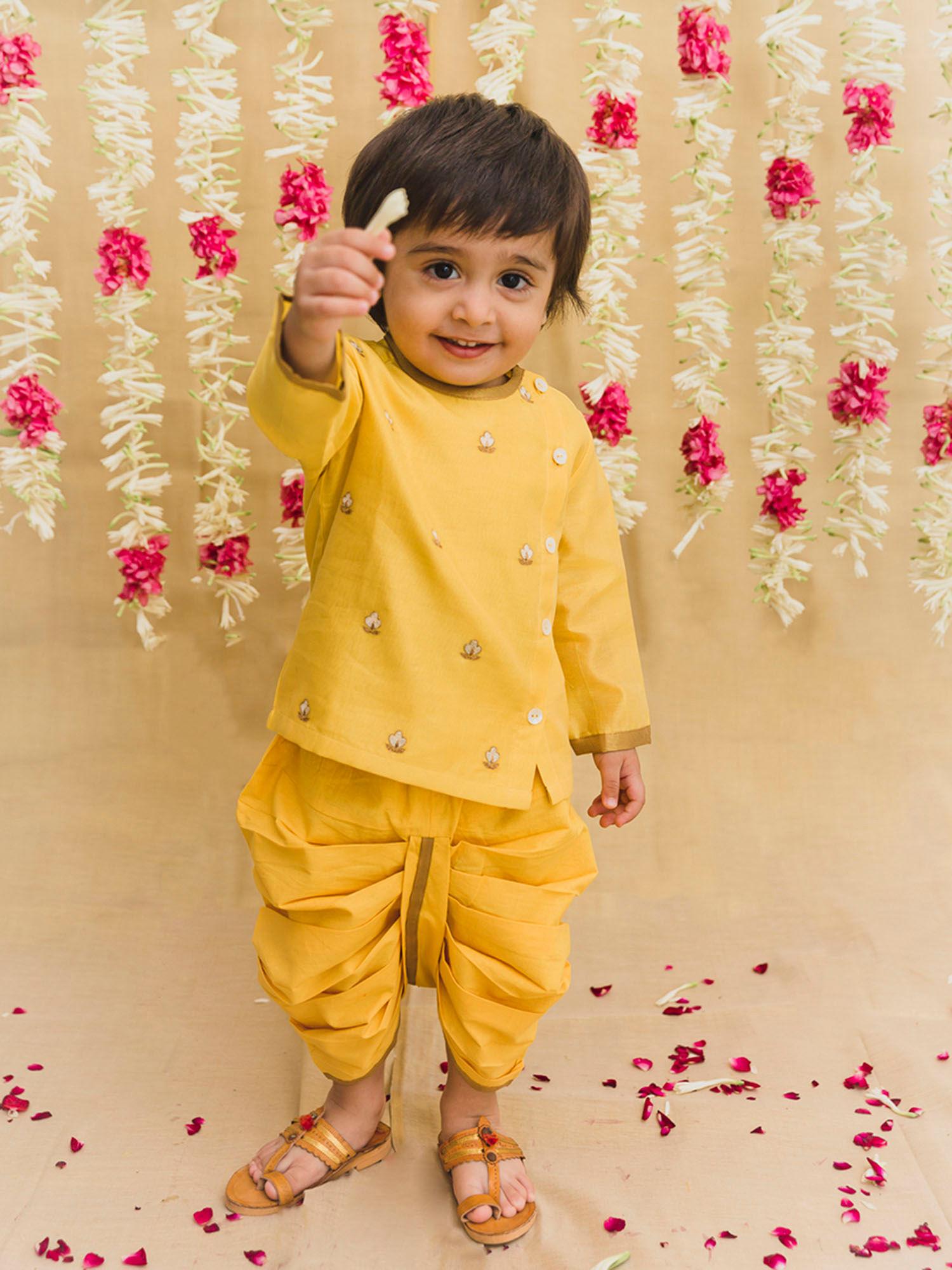 baby boy embroidered chanderi buta dhoti - yellow (set of 1)