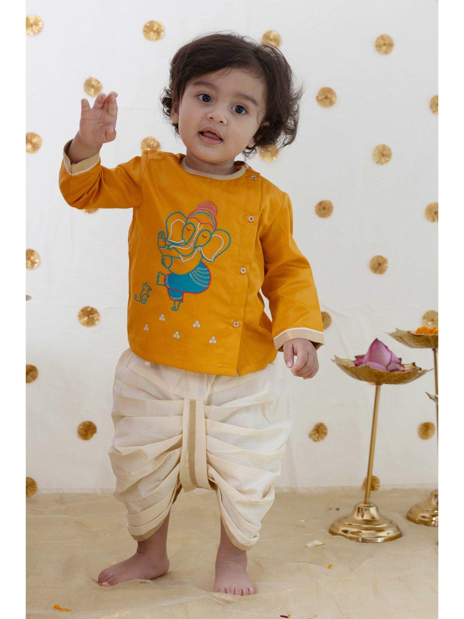 baby boy ganesha embroidered cotton dhoti kurta - yellow (set of 2)