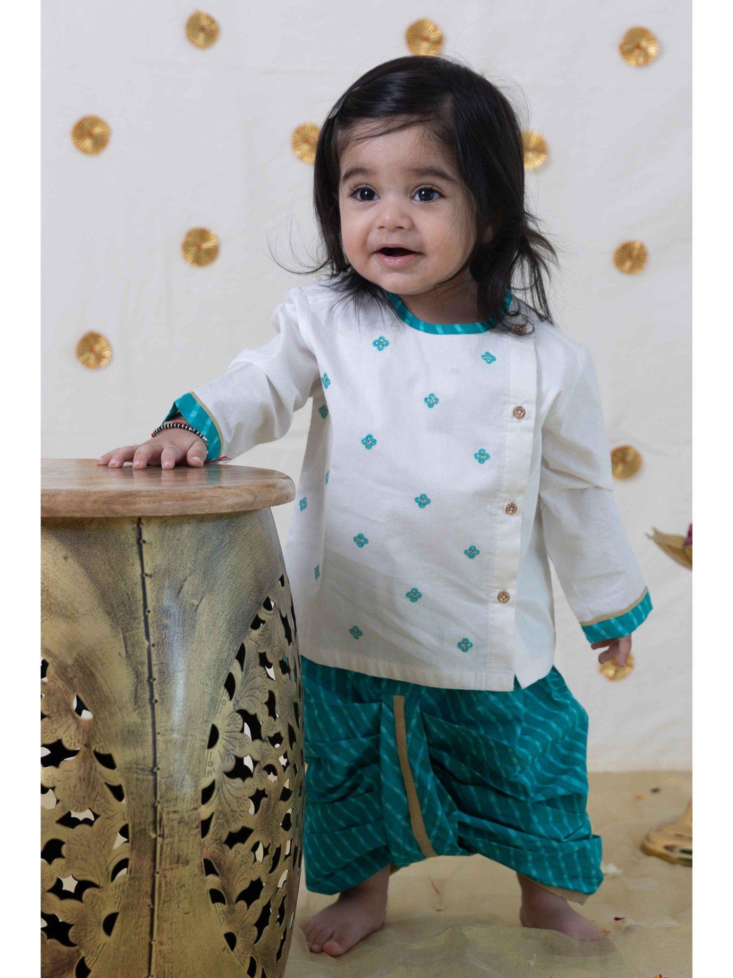 baby boy leheria embroidered cotton dhoti kurta - blue (set of 2)