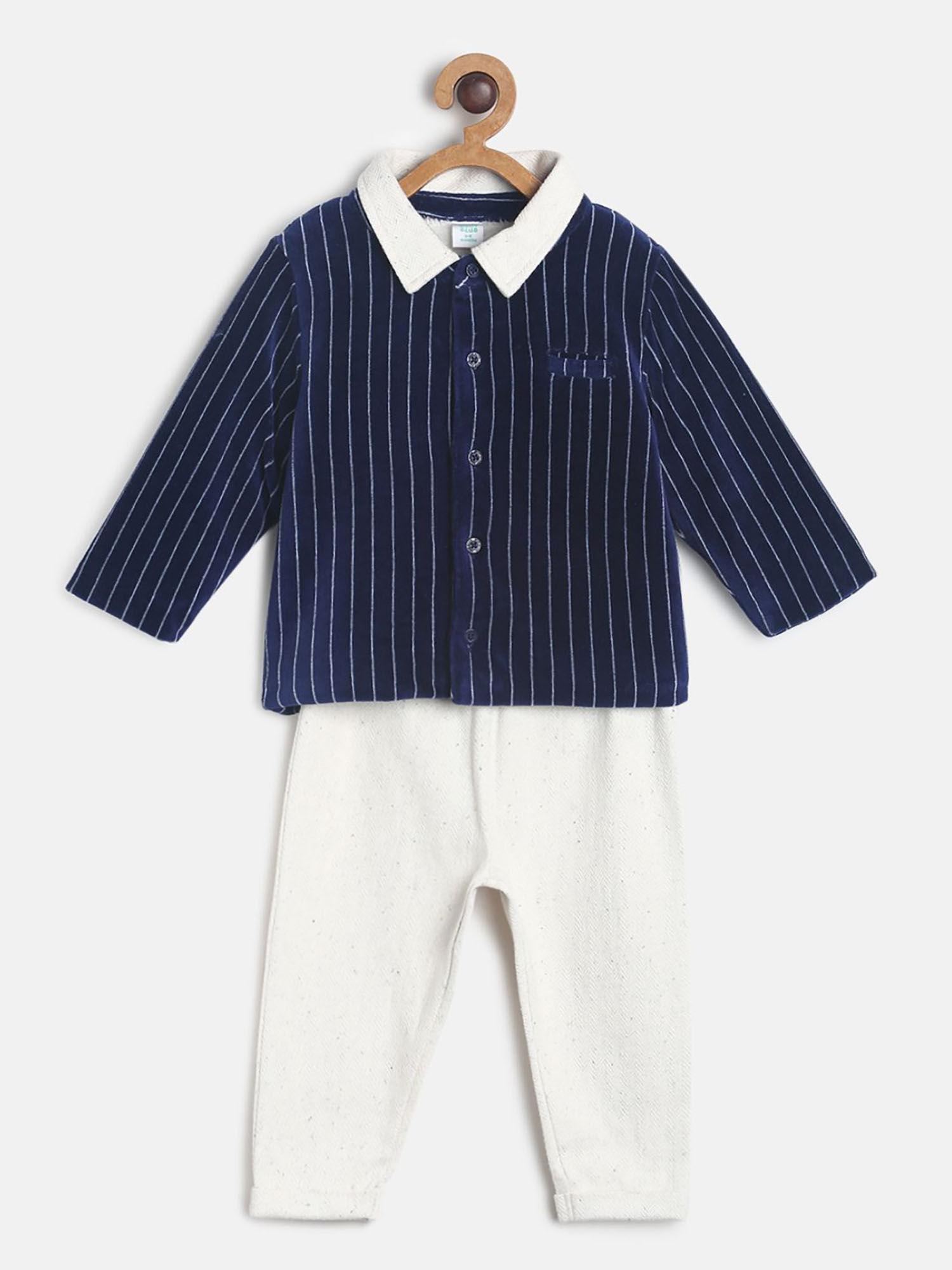 baby boys navy blue shirt & white pants (set of 2)