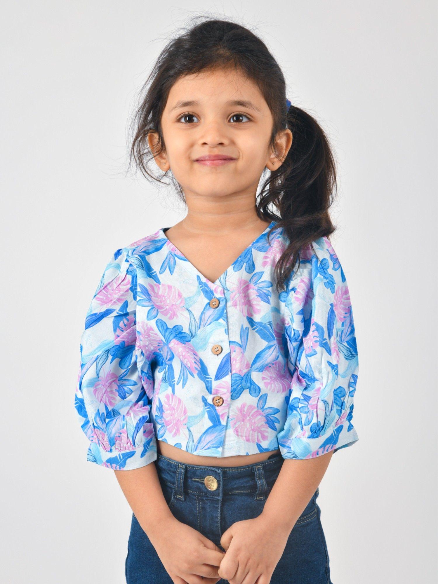 baby girl's floral printed sky blue rayon v-neck 3/4th sleeved top