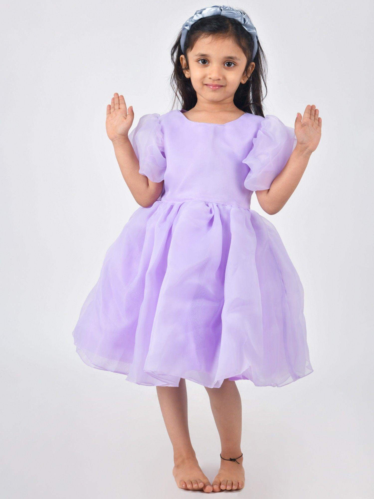 baby girl's solid lilac polyester round neck party wear dress