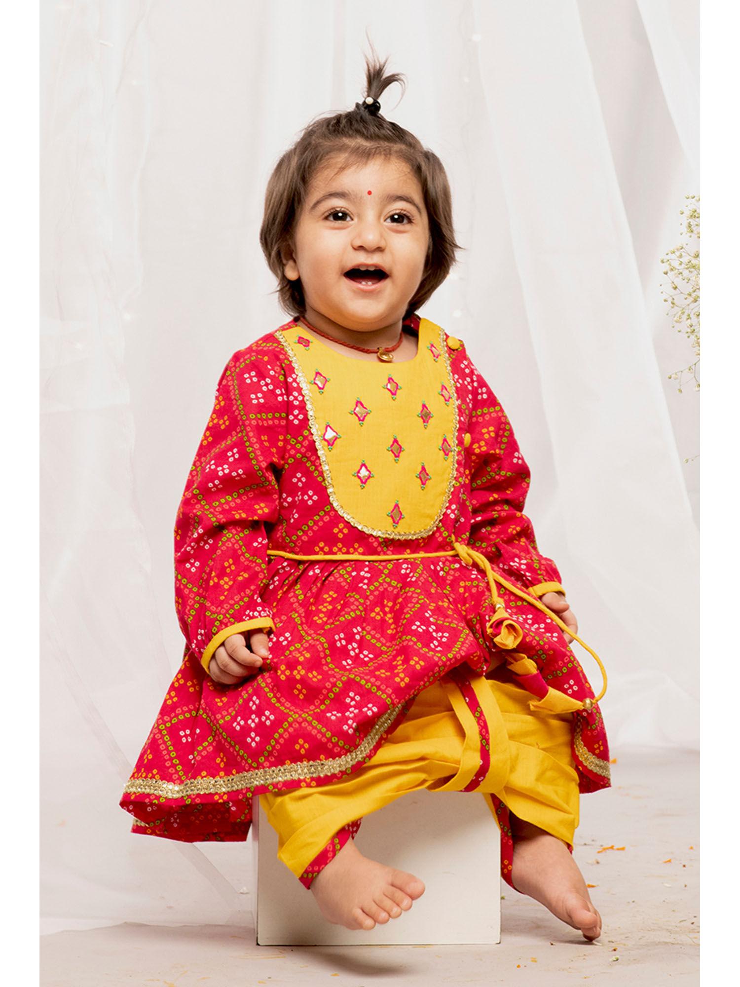 baby girl angrakha printed bandhani - pink (set of 1)