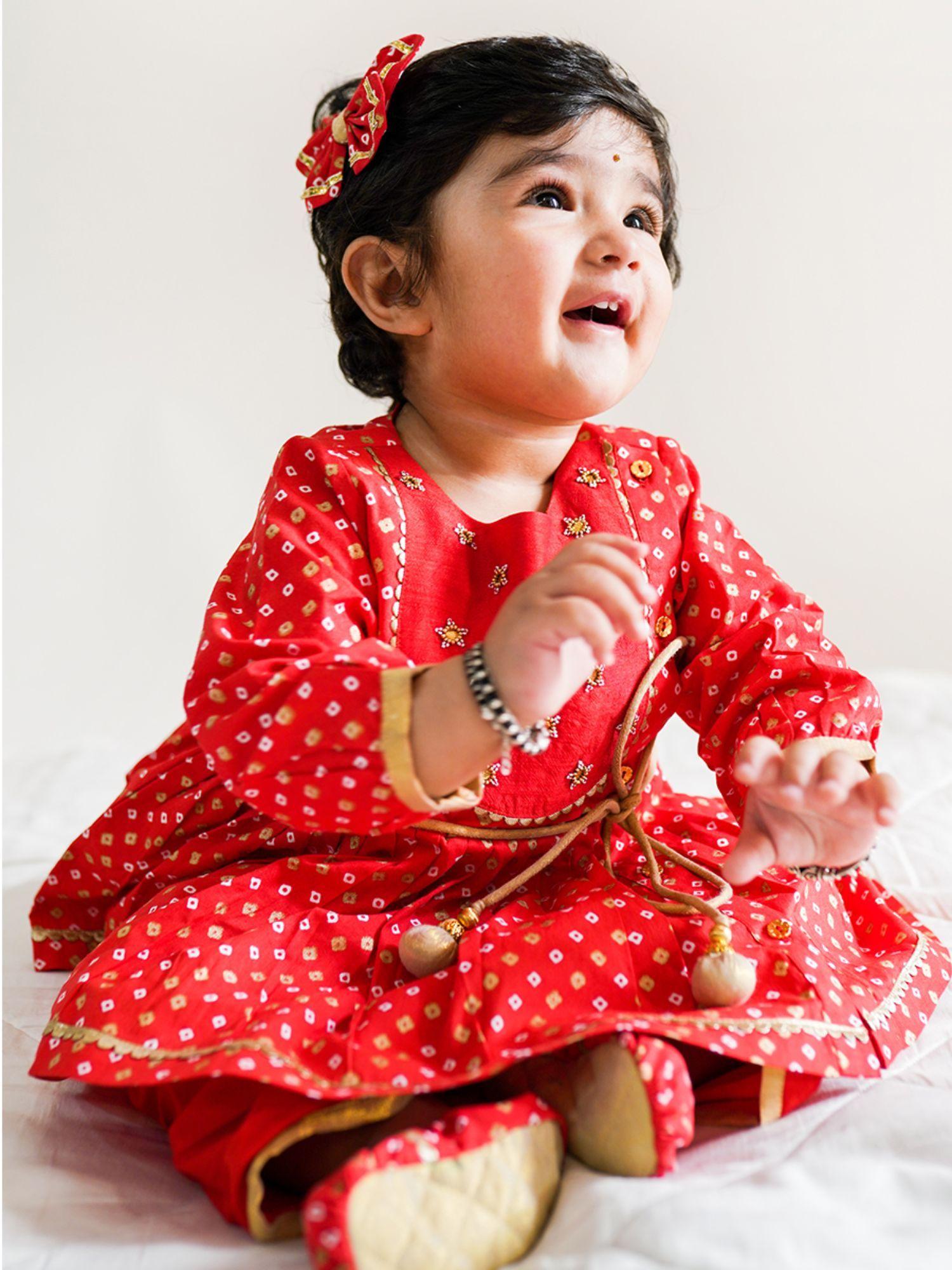 baby girl bandhani printed dhoti - red (set of 2)