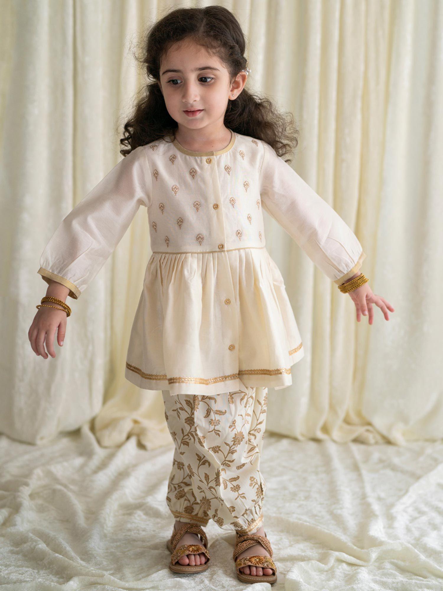 baby girl chanderi angrakha suit embroidered - cream (set of 2)