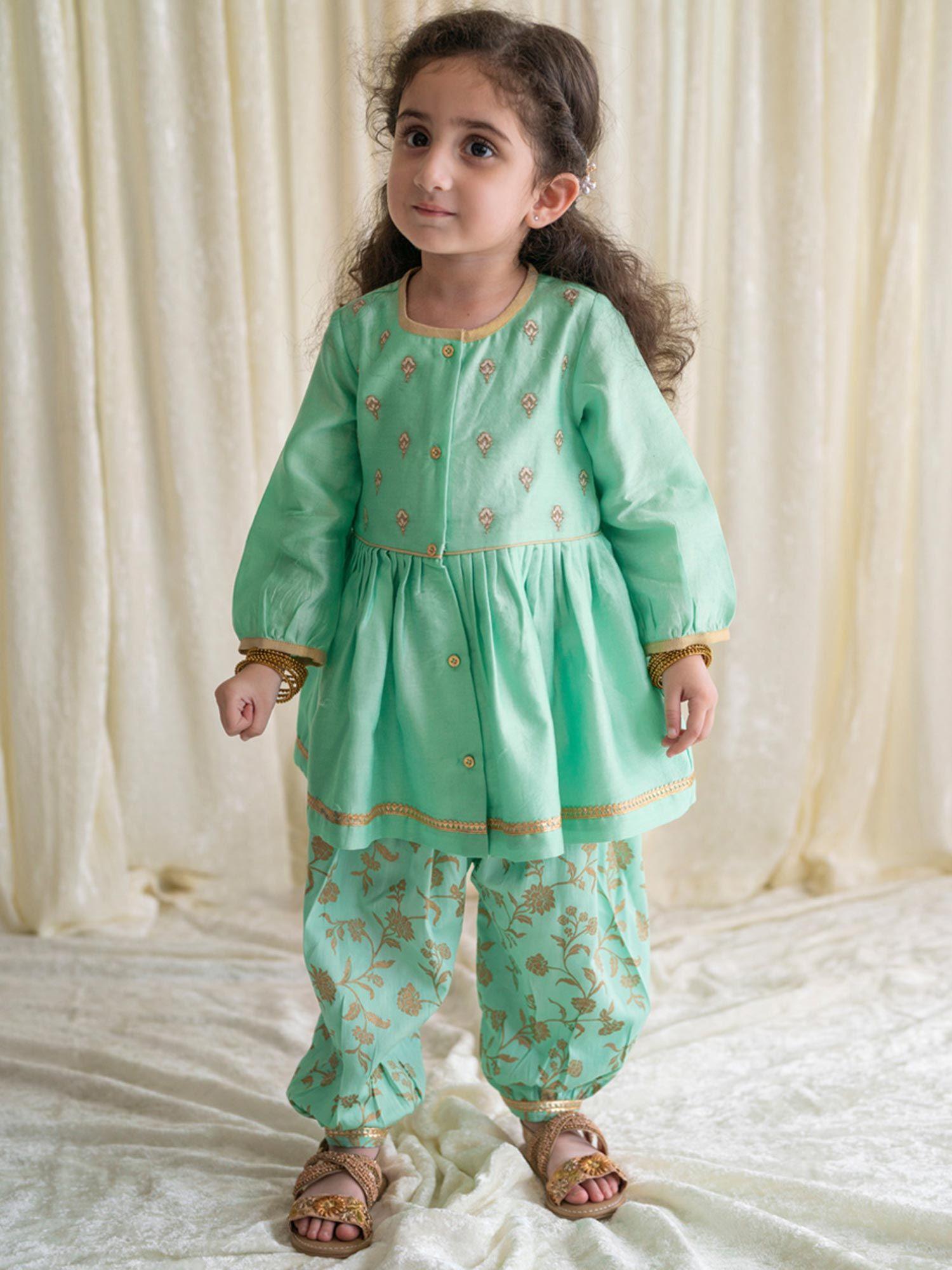 baby girl chanderi angrakha suit embroidered - green (set of 2)