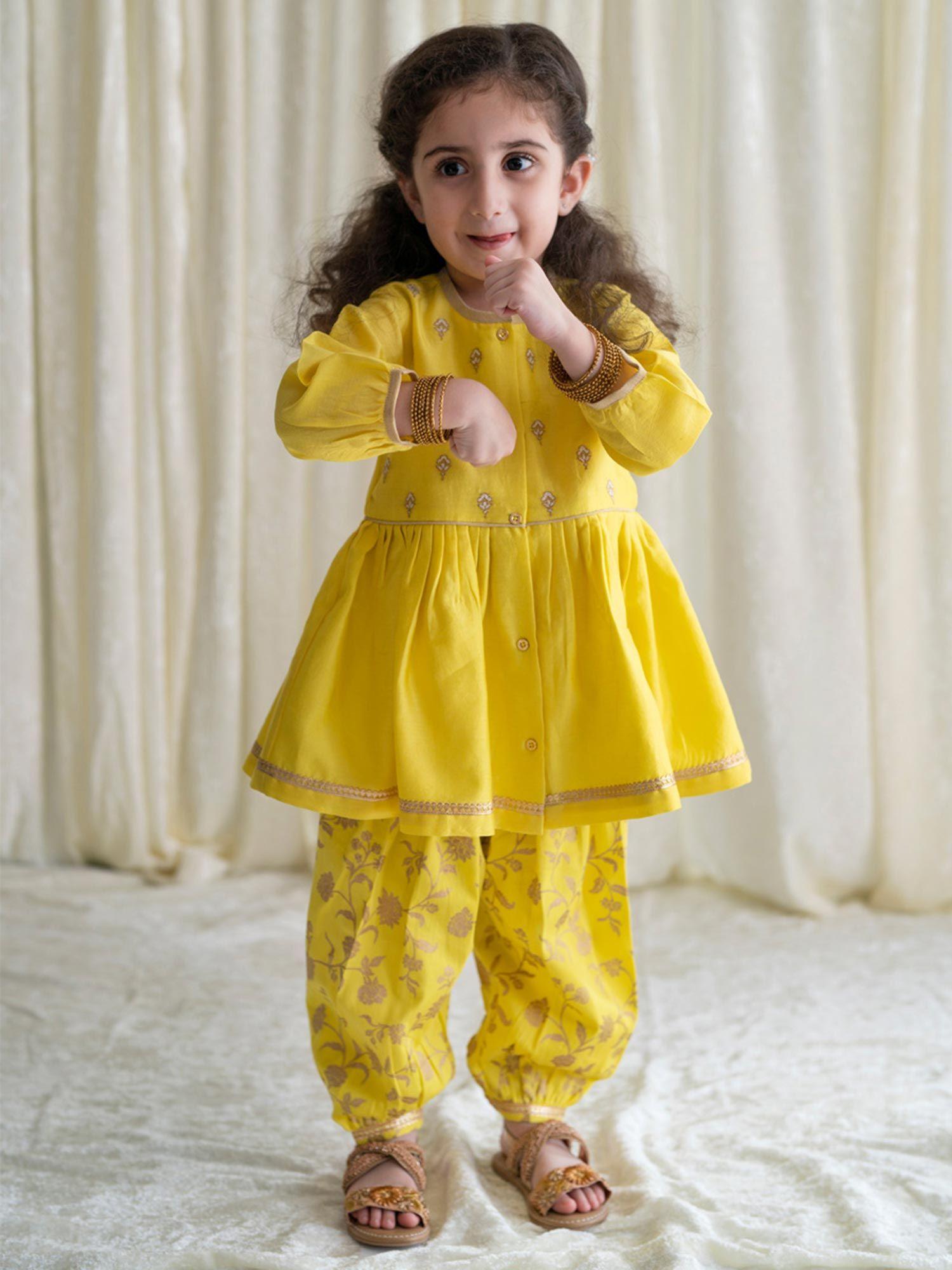 baby girl chanderi angrakha suit embroidered - yellow (set of 2)