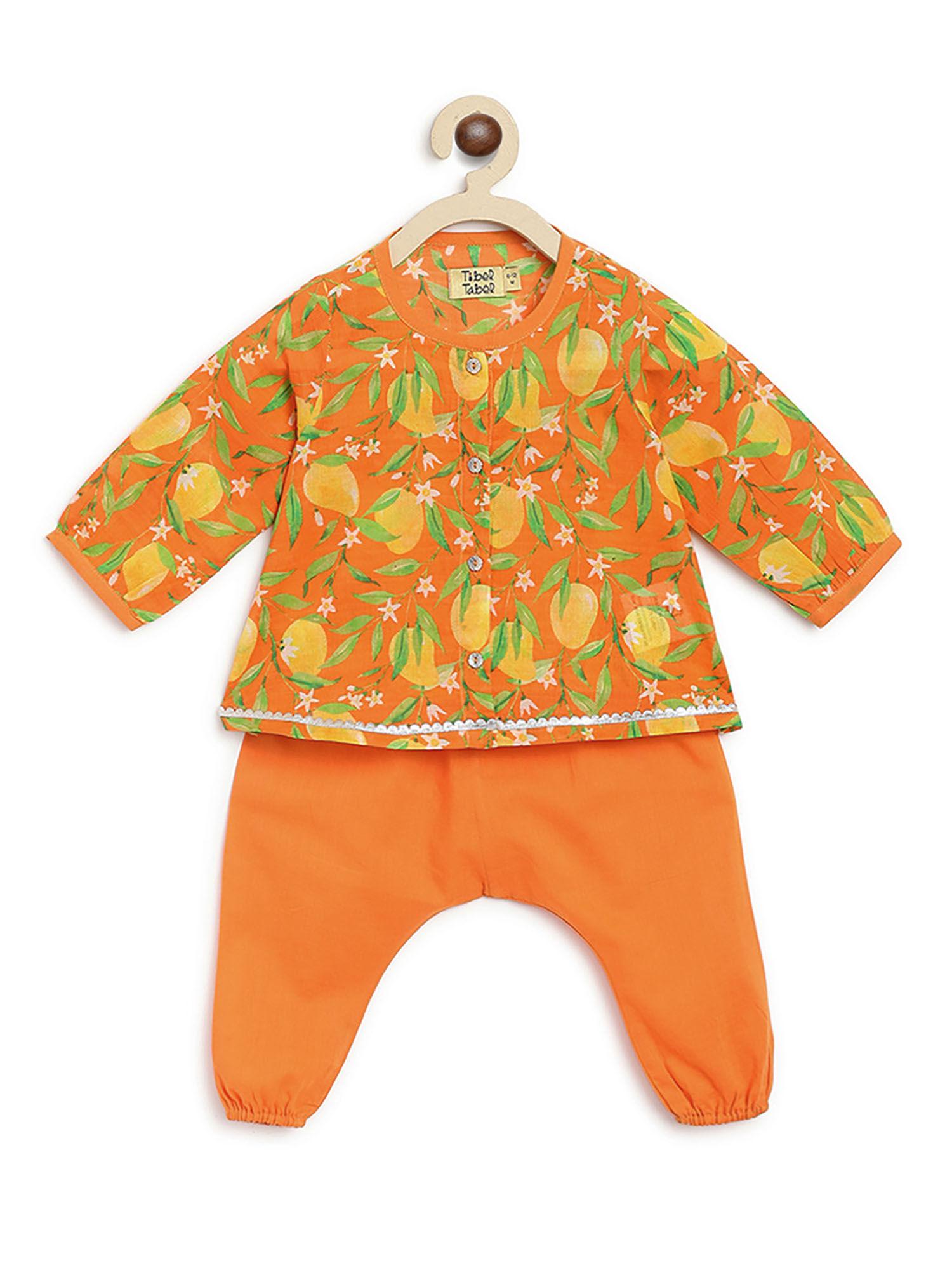 baby girl jhabla printed mango - orange (set of 2)