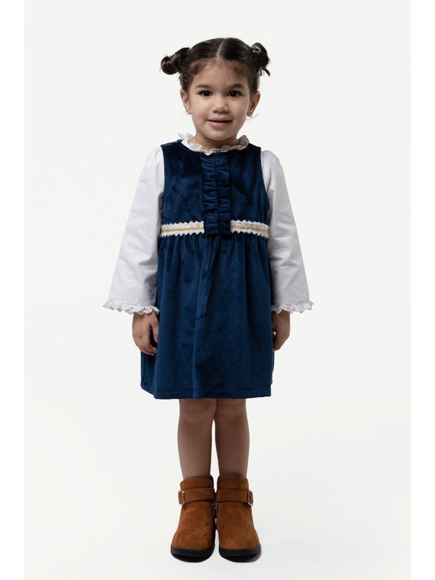 baby girls navy blue ruffled neck dress with top (set of 2)