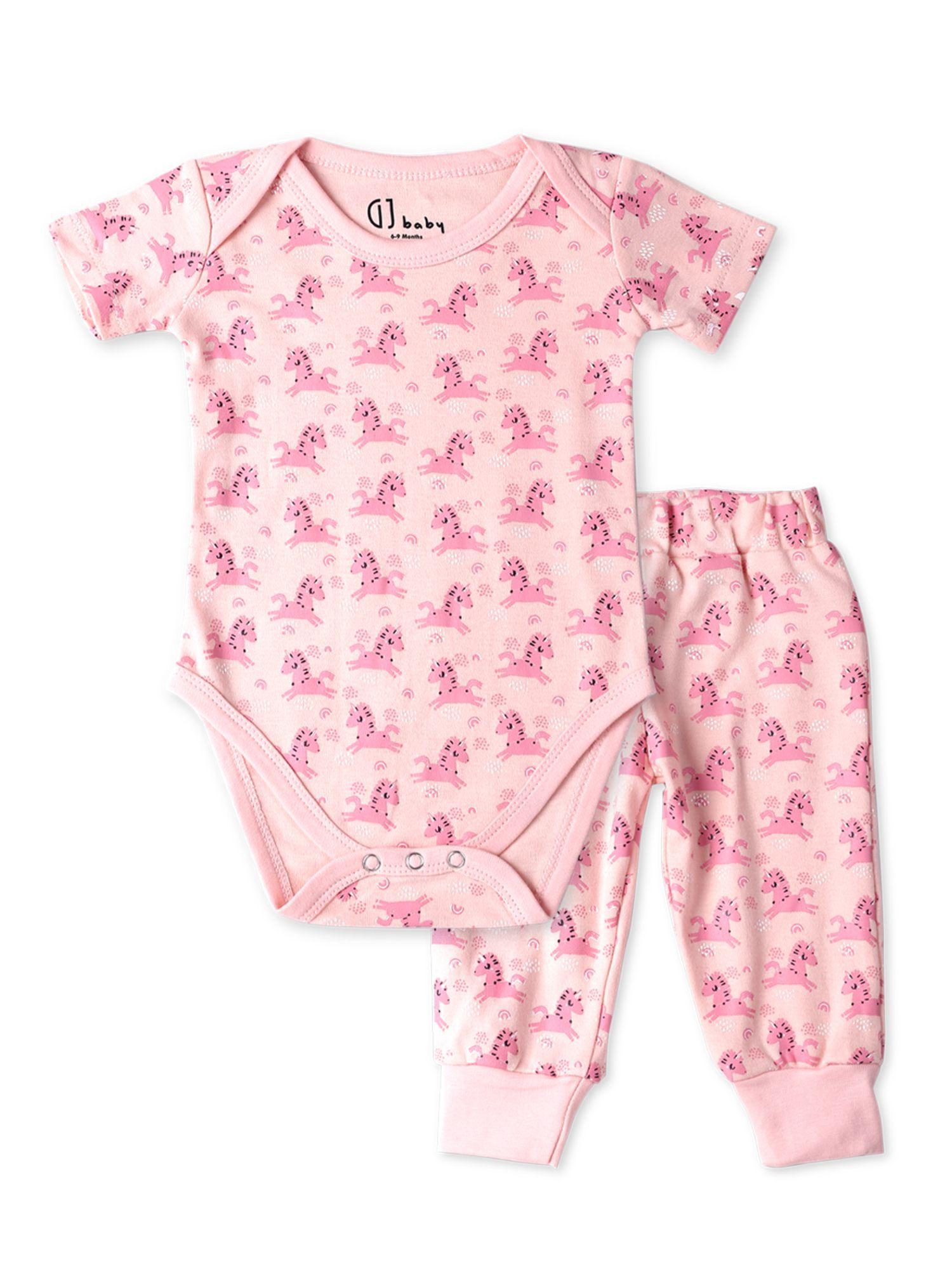 baby girls pink cotton printed onesies and bottoms (set of 2)