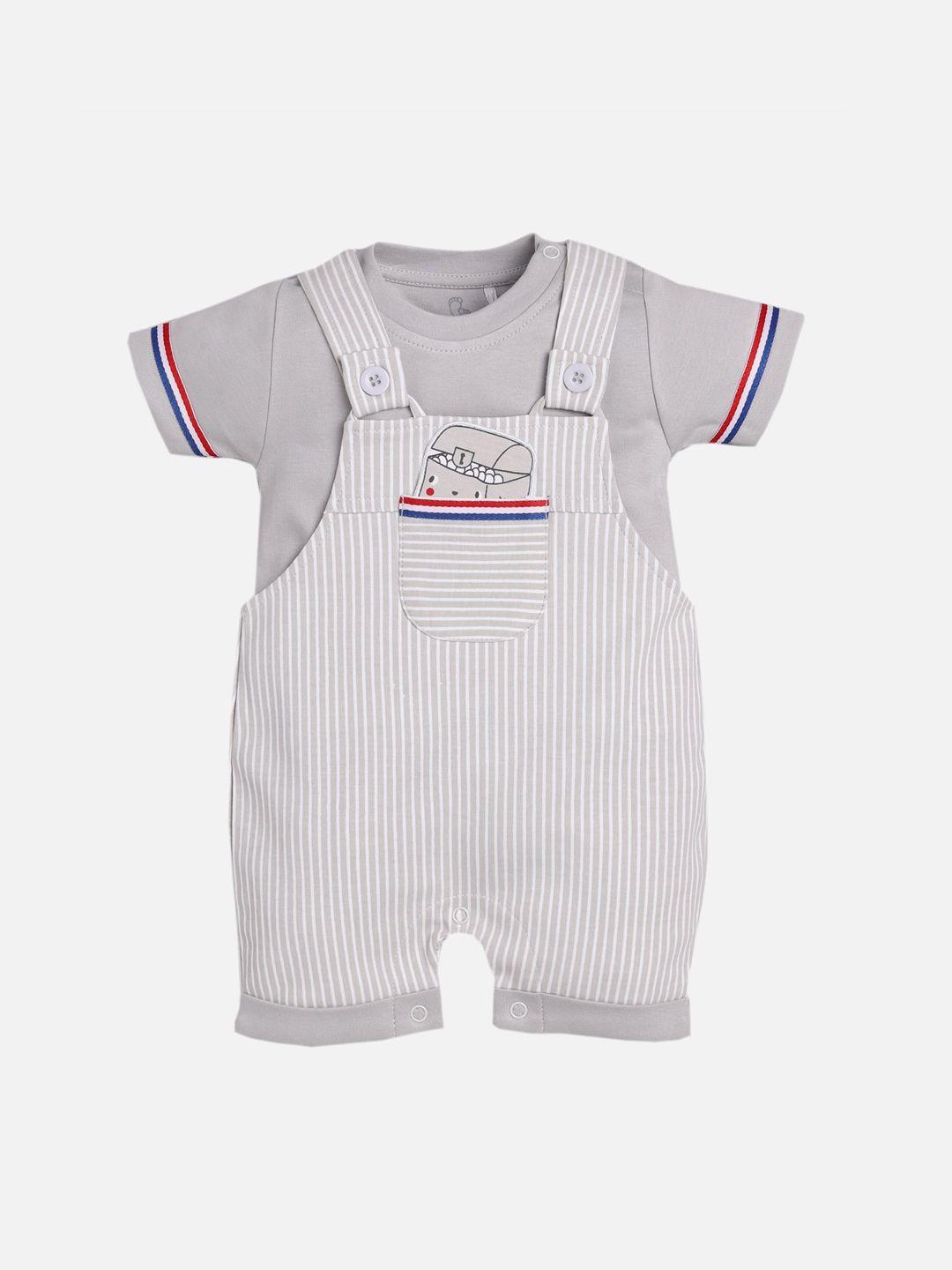 baby go boys beige & white striped pure cotton dungaree with t-shirt