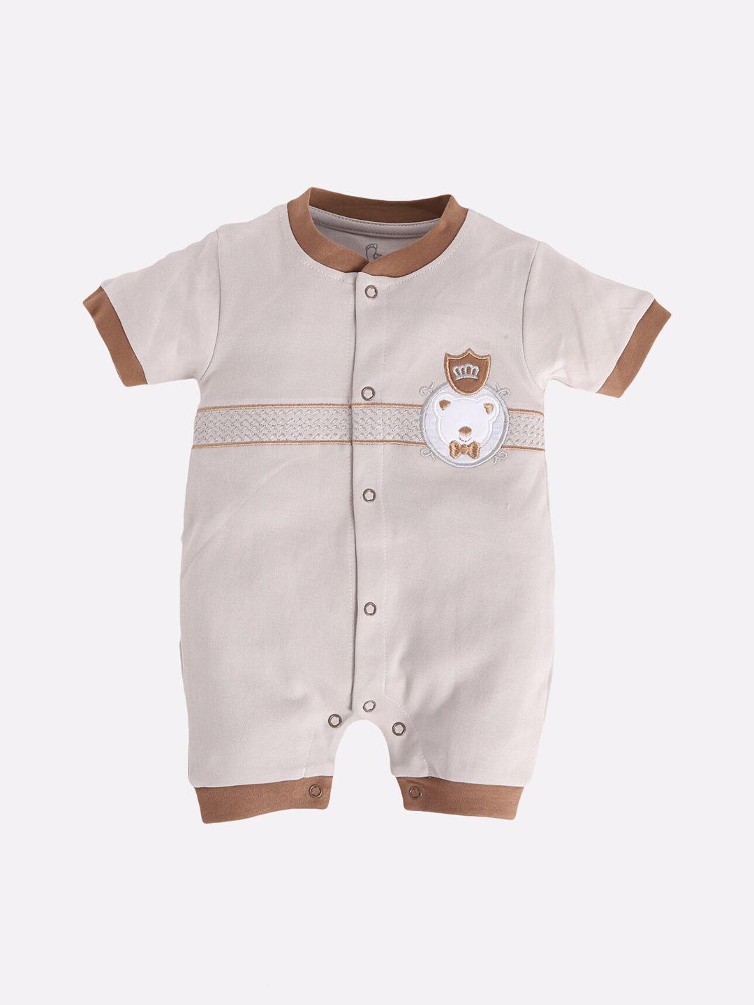 baby go infant boys grey & brown embroidered pure cotton rompers