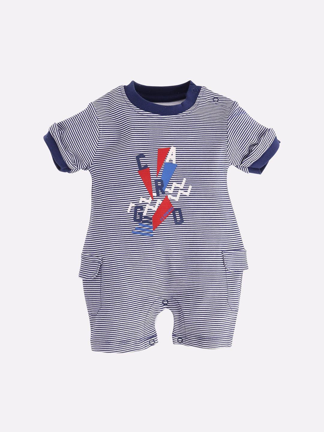 baby go infant boys navy blue & white striped pure cotton romper